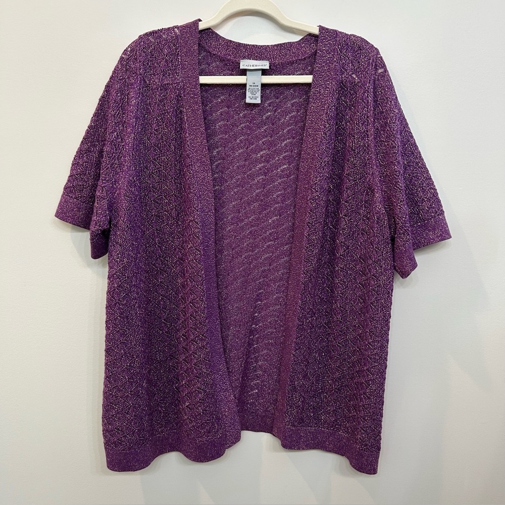 Catherines Crochet Short Sleeve Cardigan Royal Purple With Gold Metallic Size 1X